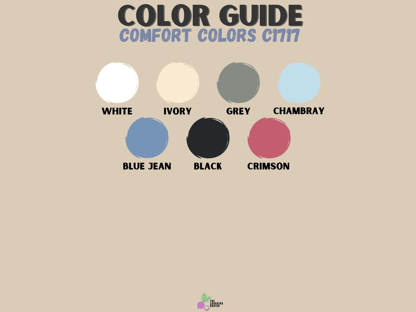 A color guide showing different colors offered like white, ivory, grey, chambray, blue jean, black, and crimson.