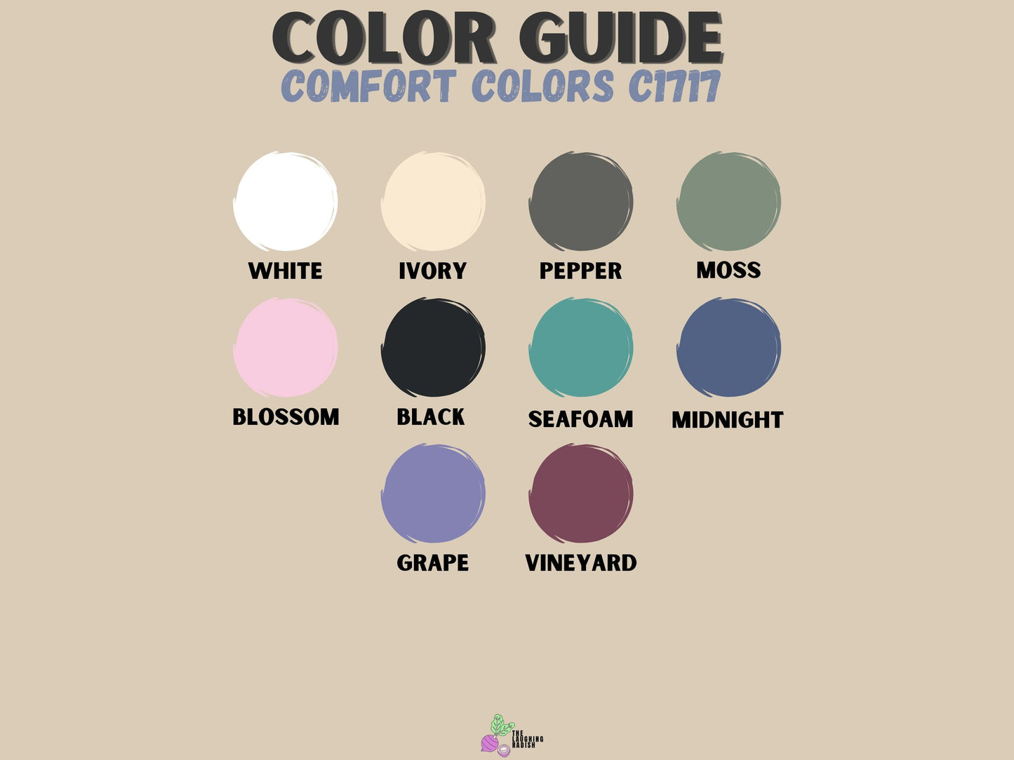 A color guide matching colors with shirt text options including mustard, pepper, bay, seafoam, crunchberry, and crimson.
