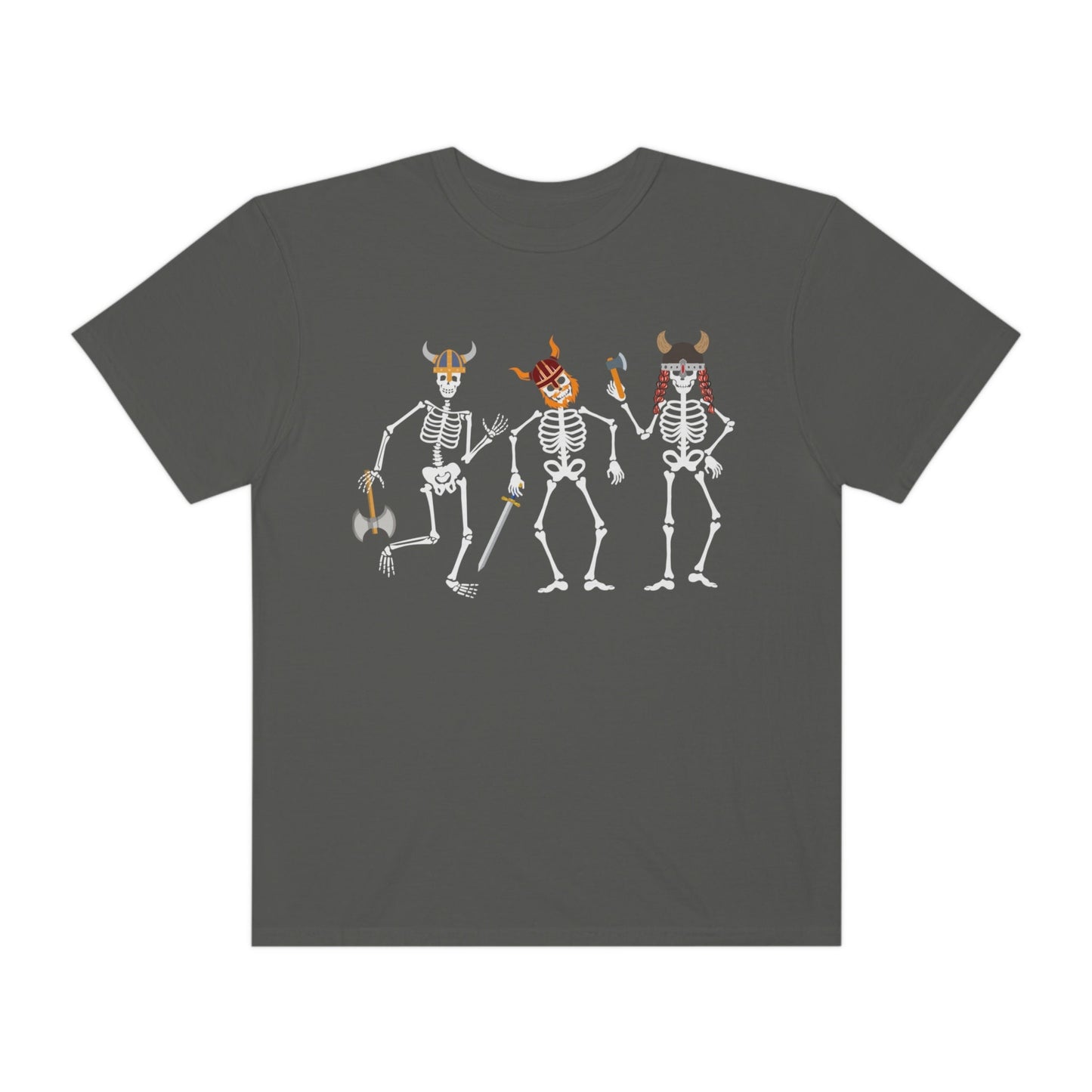 A vintage, pepper colored shirt with three skeletons wearing horned helmets dressed as vikings. One is holding a battle axe, another has a red beard and a sword, and the third has long red hair and is wielding a hatchet.