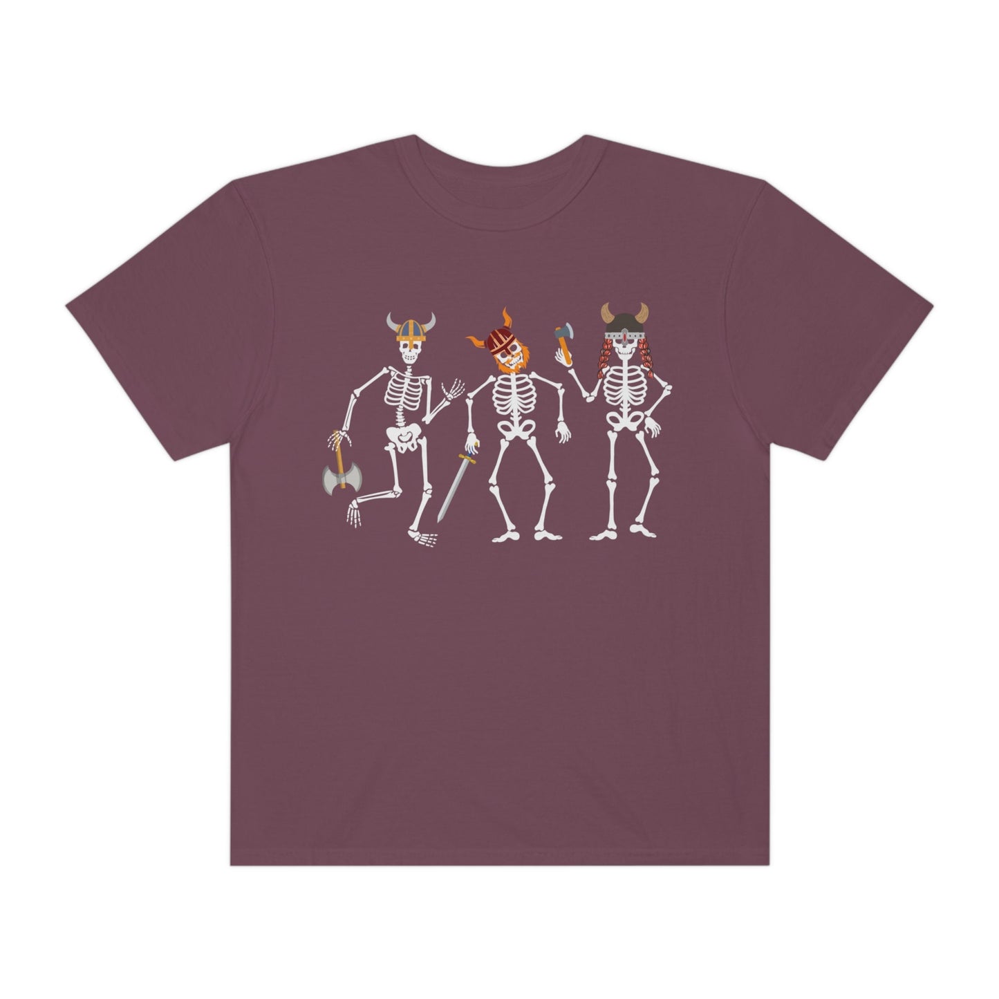 A vintage, vineyard colored shirt with three skeletons wearing horned helmets dressed as vikings. One is holding a battle axe, another has a red beard and a sword, and the third has long red hair and is wielding a hatchet.