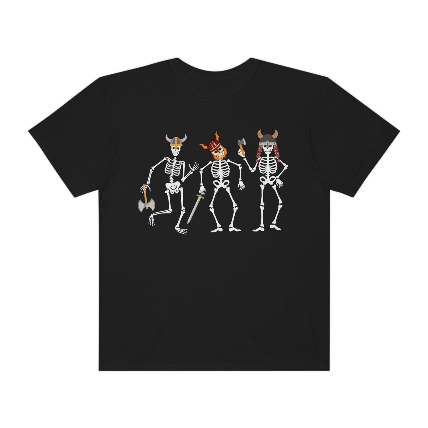 A vintage, black colored shirt with three skeletons wearing horned helmets dressed as vikings. One is holding a battle axe, another has a red beard and a sword, and the third has long red hair and is wielding a hatchet.