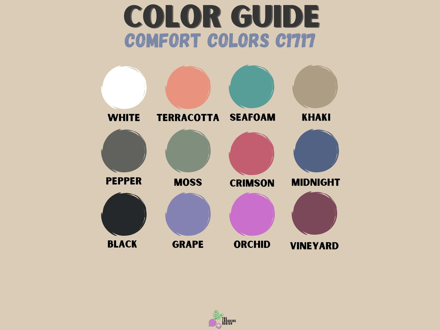A color guide matching colors with shirt text options including mustard, pepper, bay, seafoam, crunchberry, and crimson.