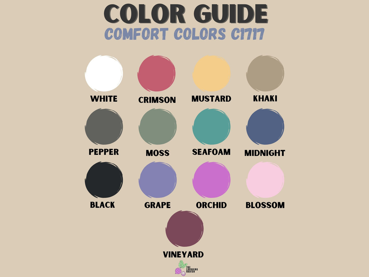 A color guide matching colors with shirt text options including mustard, pepper, bay, seafoam, crunchberry, and crimson.