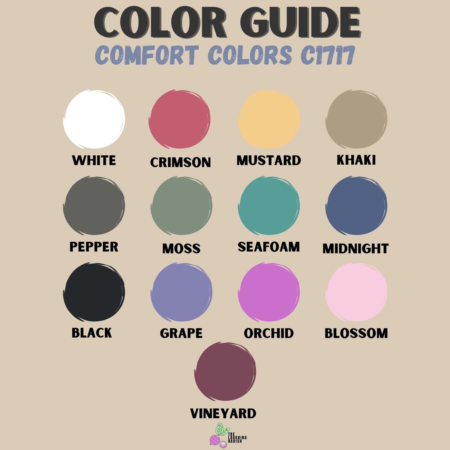 A color guide matching colors with shirt text options including mustard, pepper, bay, seafoam, crunchberry, and crimson.