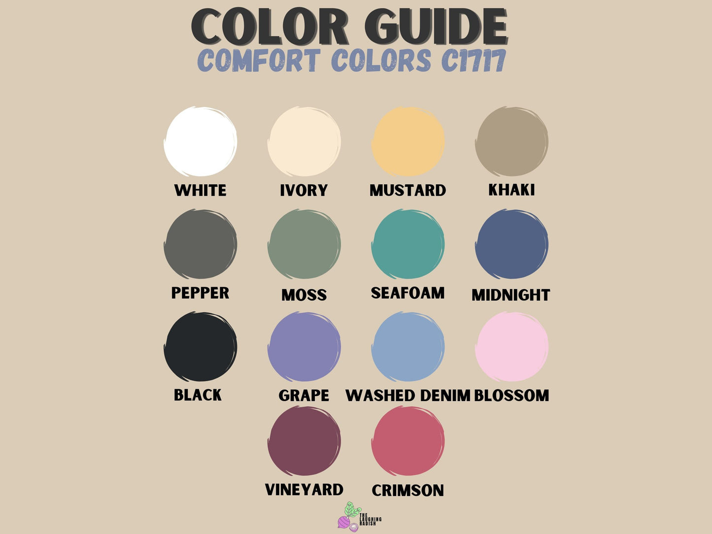 A color guide matching colors with shirt text options including mustard, pepper, bay, seafoam, crunchberry, and crimson.