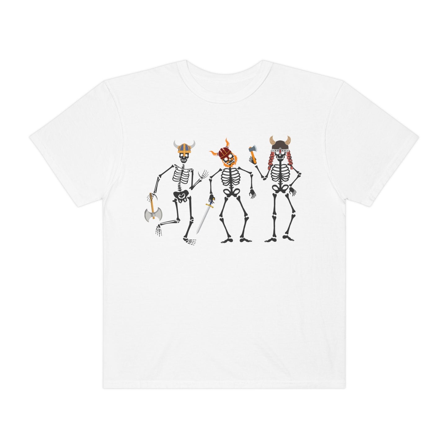A vintage, white colored shirt with three skeletons wearing horned helmets dressed as vikings. One is holding a battle axe, another has a red beard and a sword, and the third has long red hair and is wielding a hatchet.