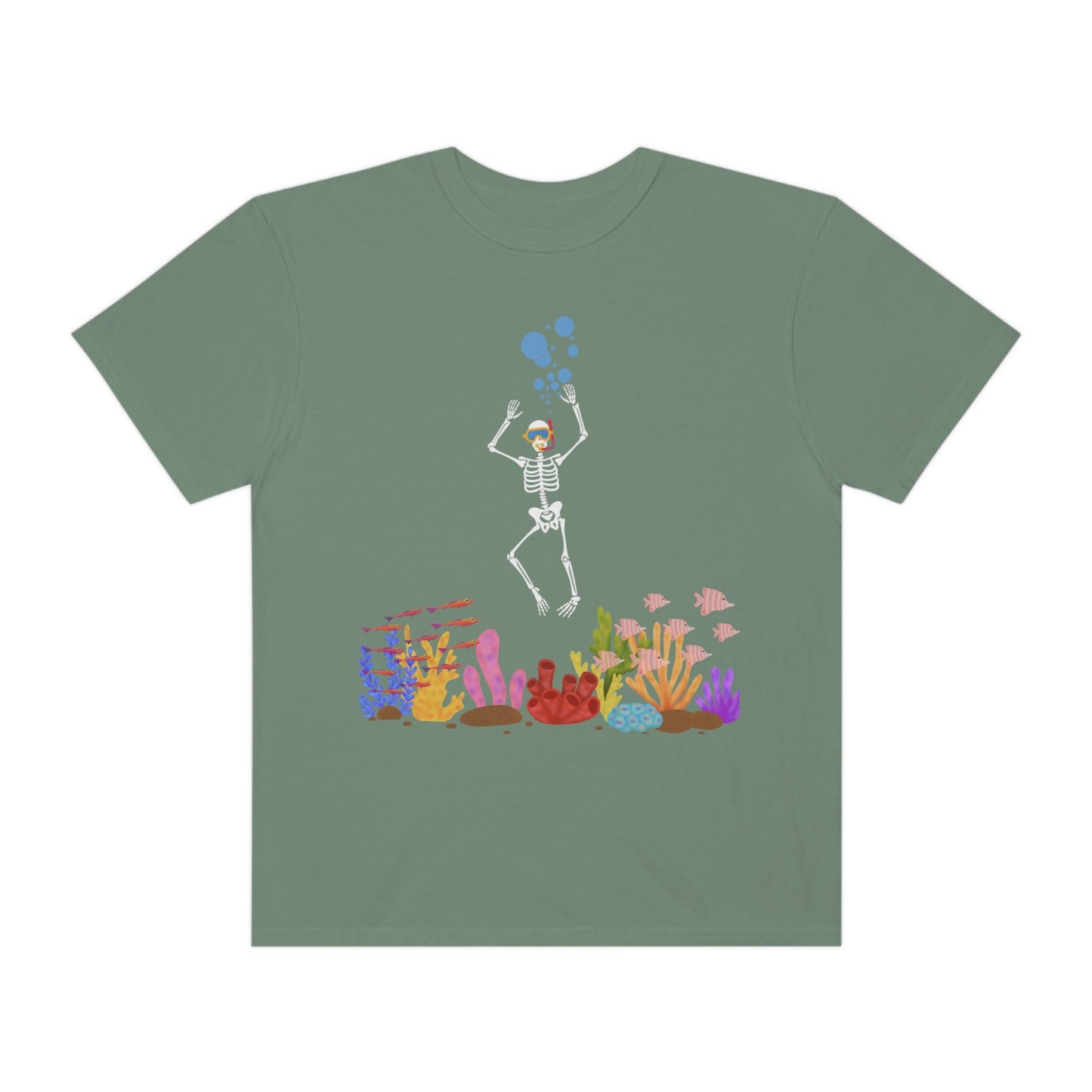 A vintage, moss colored shirt with a skeleton wearing water goggles and a snorkel under the ocean swimming among fish and colorful coral.