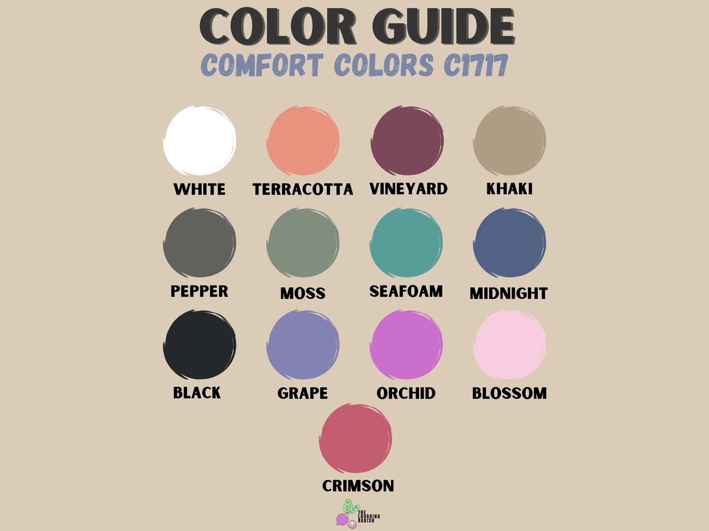 A color guide matching colors with shirt text options including mustard, pepper, bay, seafoam, crunchberry, and crimson.