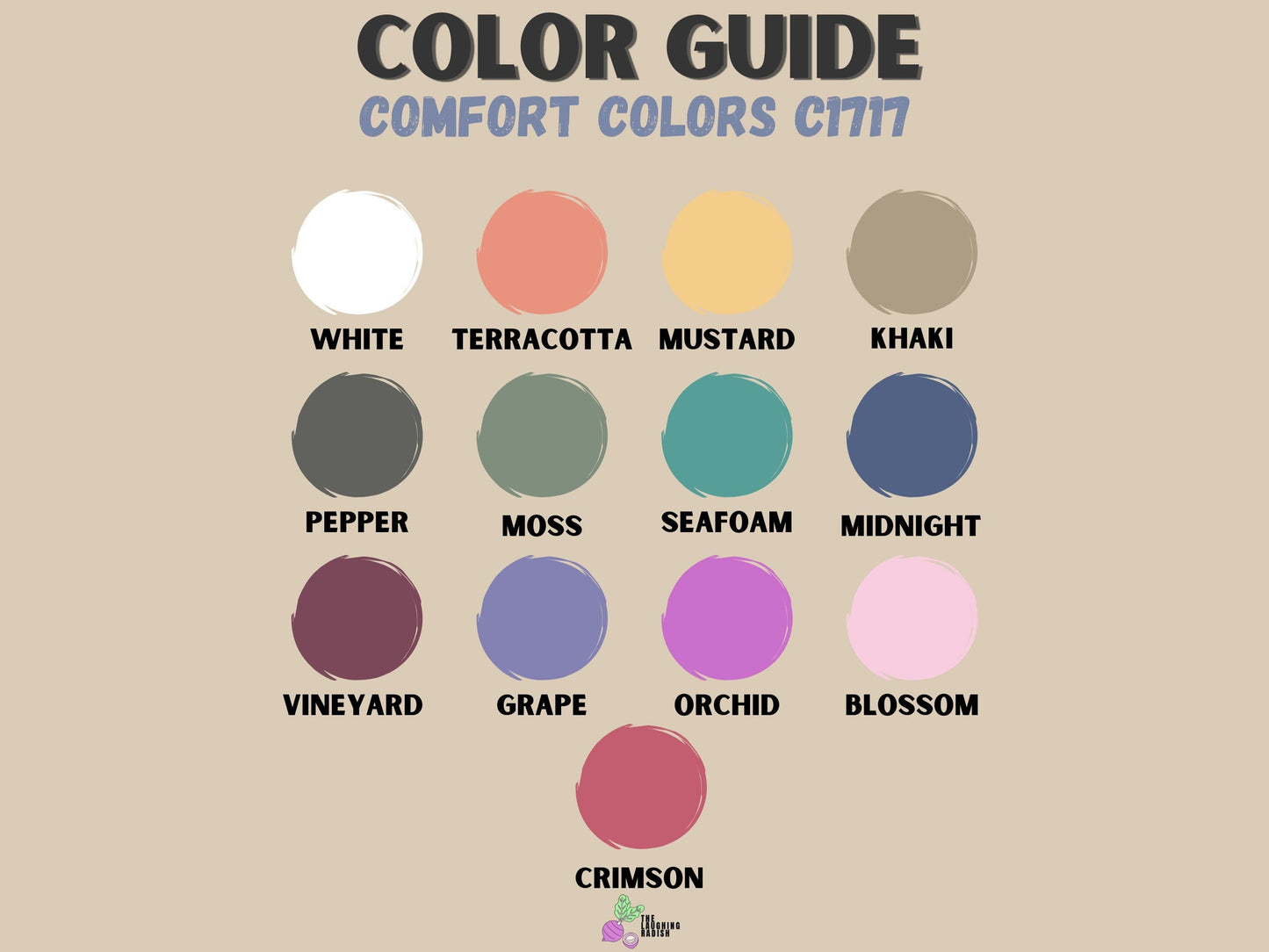 A color guide matching colors with shirt text options including mustard, pepper, bay, seafoam, crunchberry, and crimson.