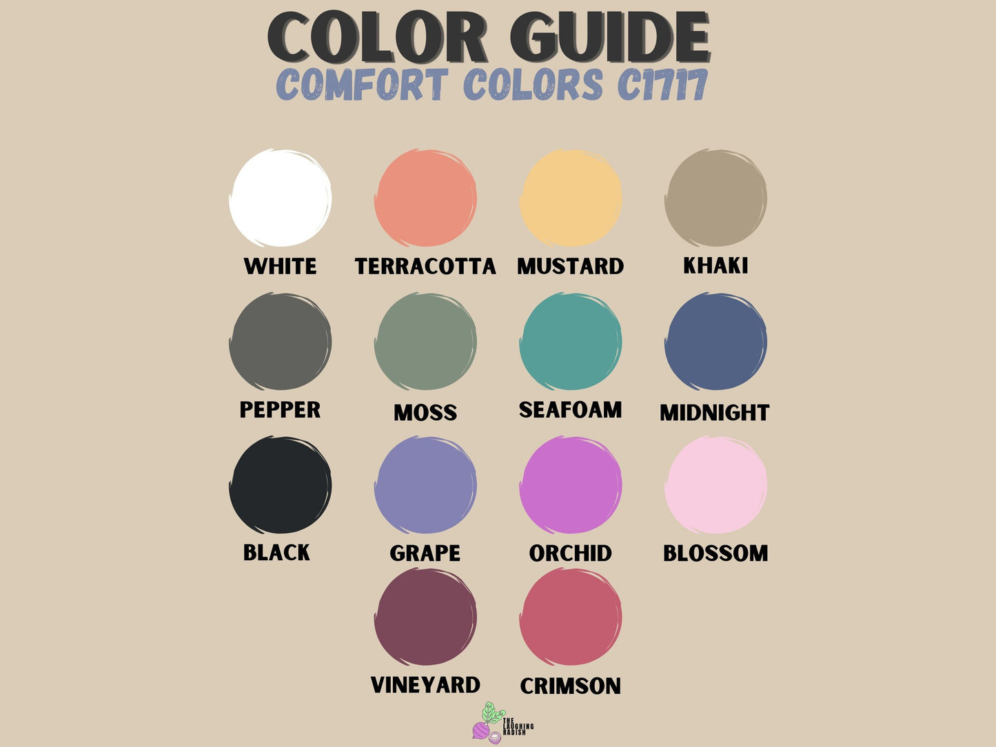 A color guide matching colors with shirt text options including mustard, pepper, bay, seafoam, crunchberry, and crimson.