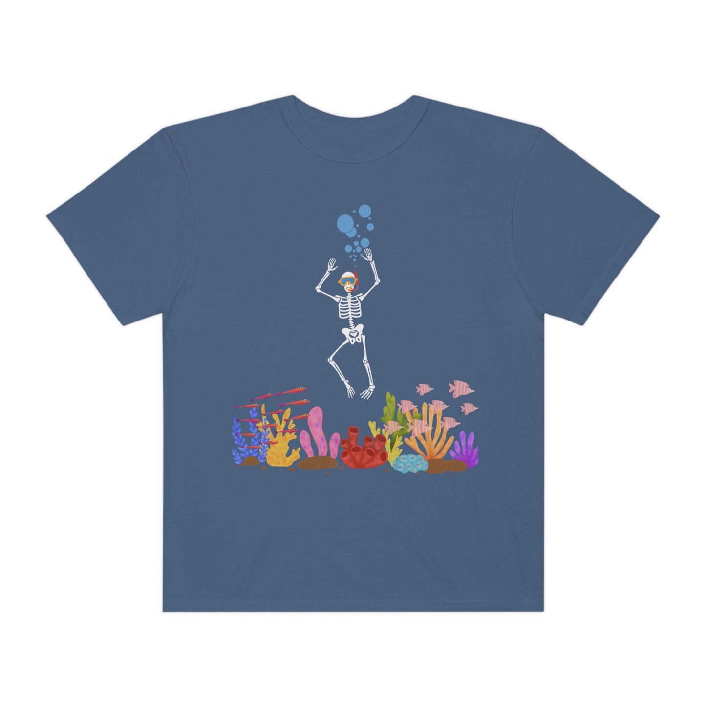 A vintage, navy blue colored shirt with a skeleton wearing water goggles and a snorkel under the ocean swimming among fish and colorful coral.
