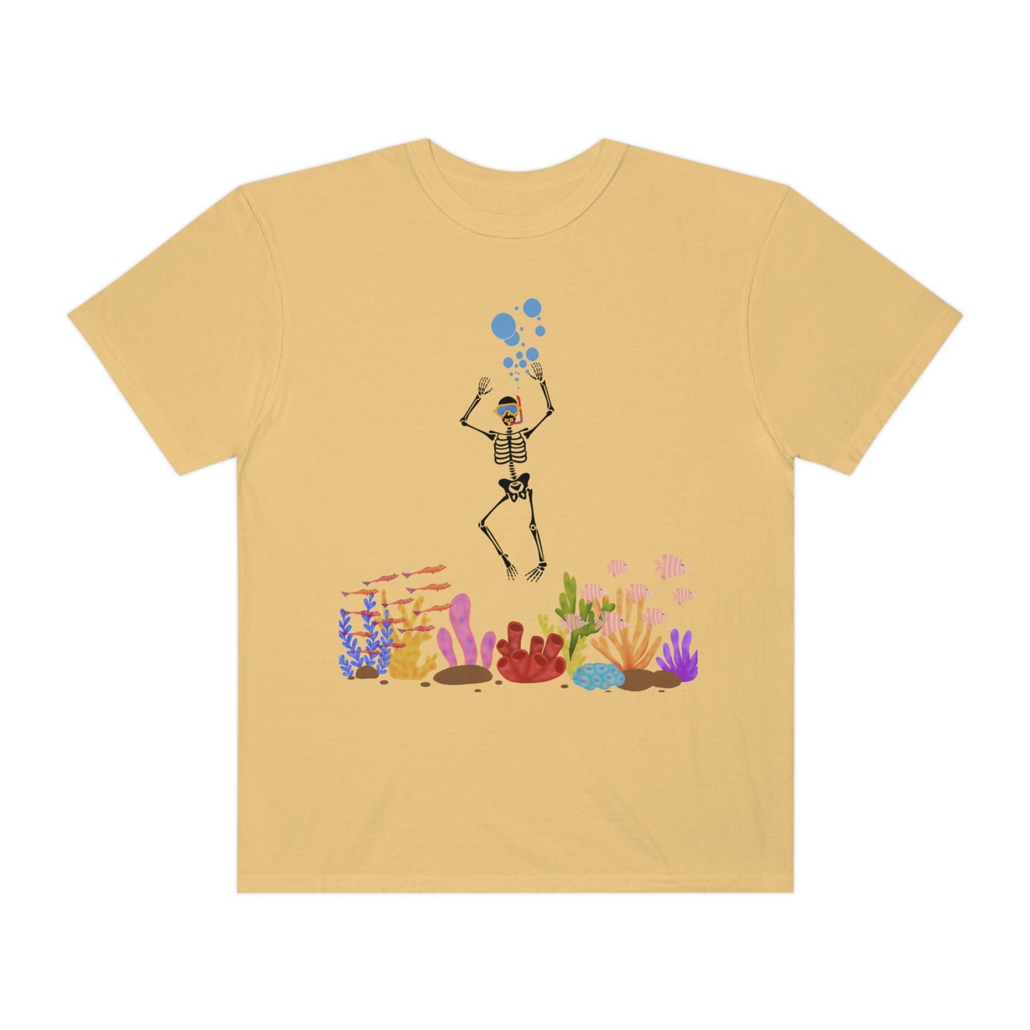 A vintage, mustard colored shirt with a skeleton wearing water goggles and a snorkel under the ocean swimming among fish and colorful coral.
