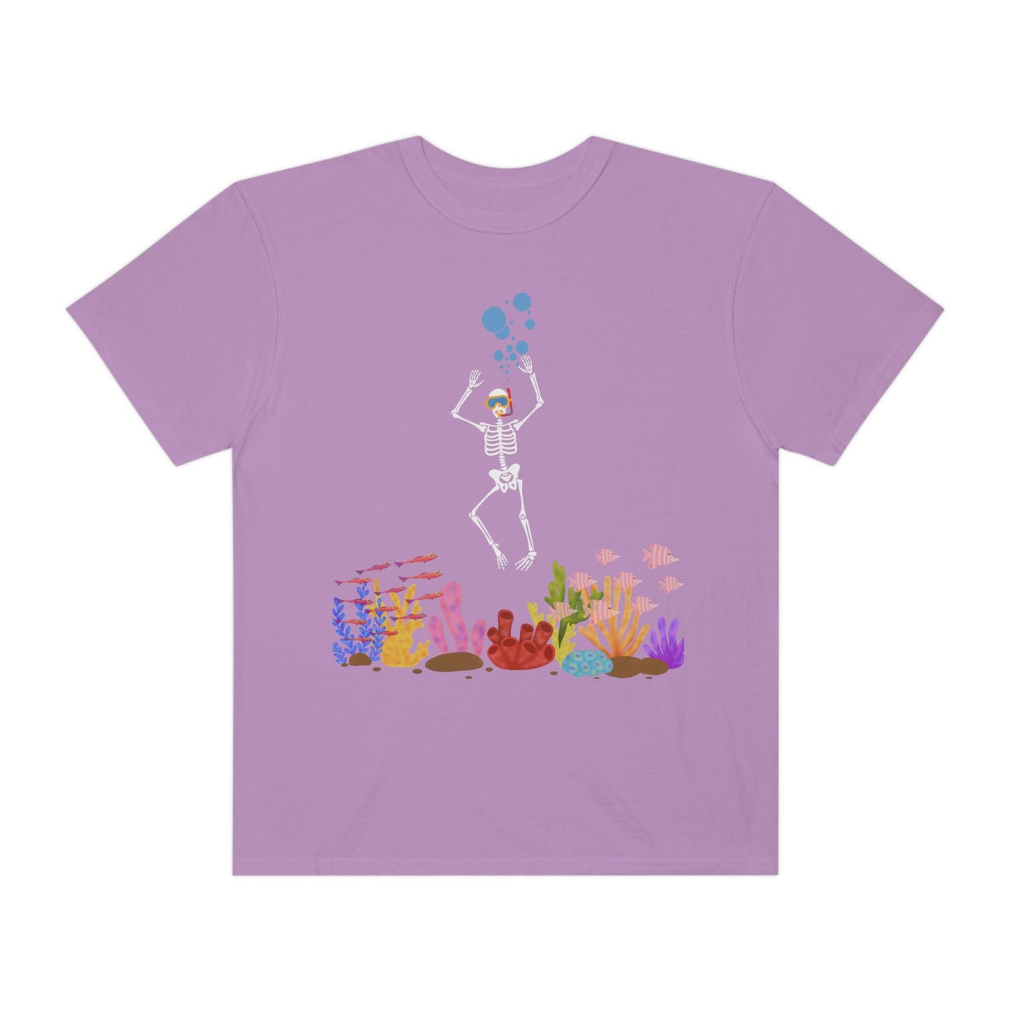 A vintage, grape colored shirt with a skeleton wearing water goggles and a snorkel under the ocean swimming among fish and colorful coral.