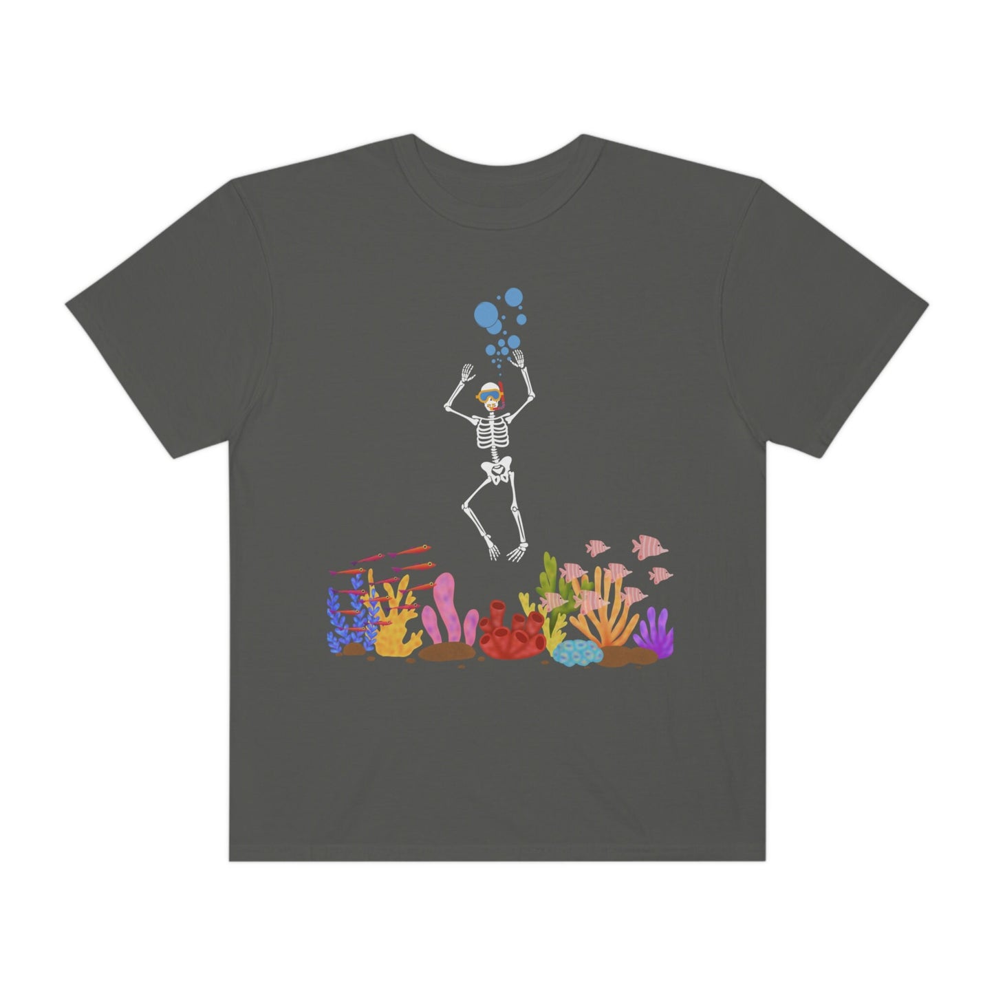 A vintage, pepper colored shirt with a skeleton wearing water goggles and a snorkel under the ocean swimming among fish and colorful coral.