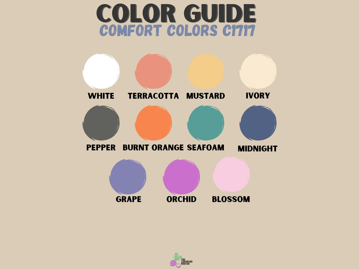 A color guide matching colors with shirt text options including mustard, pepper, bay, seafoam, crunchberry, and crimson.