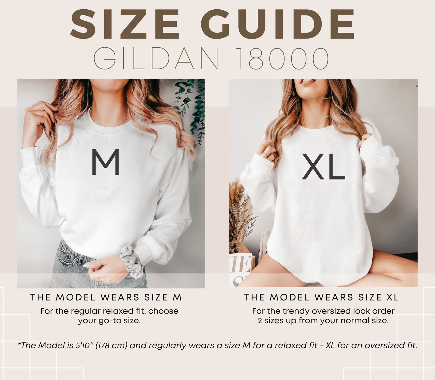 A size guide for comfort colors showing a model wearing different sizes of shirts for consumer reference. The model is 5'6" and regularly wears a size medium for a relaxed fit.