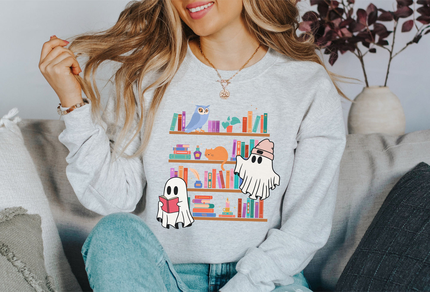 Ghost Books Sweatshirt, Halloween Bookish Shirt, Cozy Ghost Scene, Reading Books Tee, Bookshelf Sweater, Aesthetic Halloween