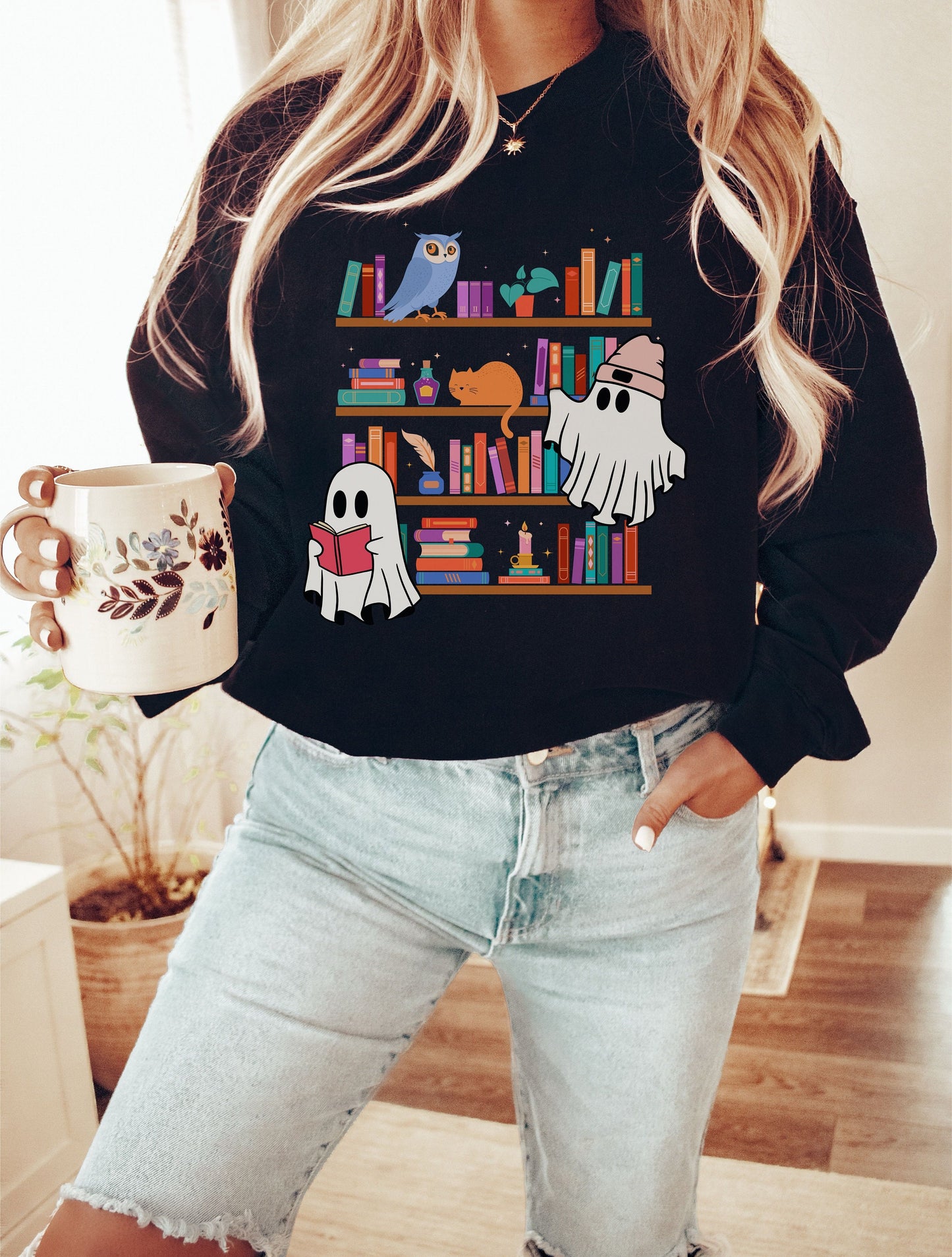 Ghost Books Sweatshirt, Halloween Bookish Shirt, Cozy Ghost Scene, Reading Books Tee, Bookshelf Sweater, Aesthetic Halloween