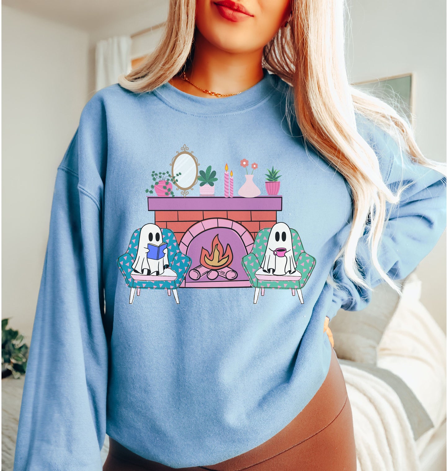 Ghosts Sitting by the Fireplace Sweatshirt, Reading Ghost Tee, Ghost Drinking Coffee Sweater, Halloween Gift, Autumn T-Shirt