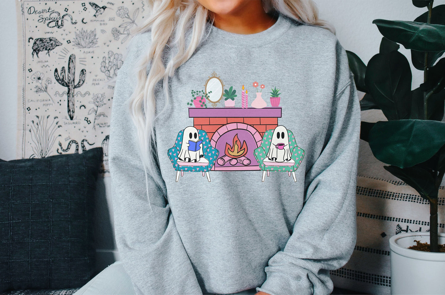 Ghosts Sitting by the Fireplace Sweatshirt, Reading Ghost Tee, Ghost Drinking Coffee Sweater, Halloween Gift, Autumn T-Shirt