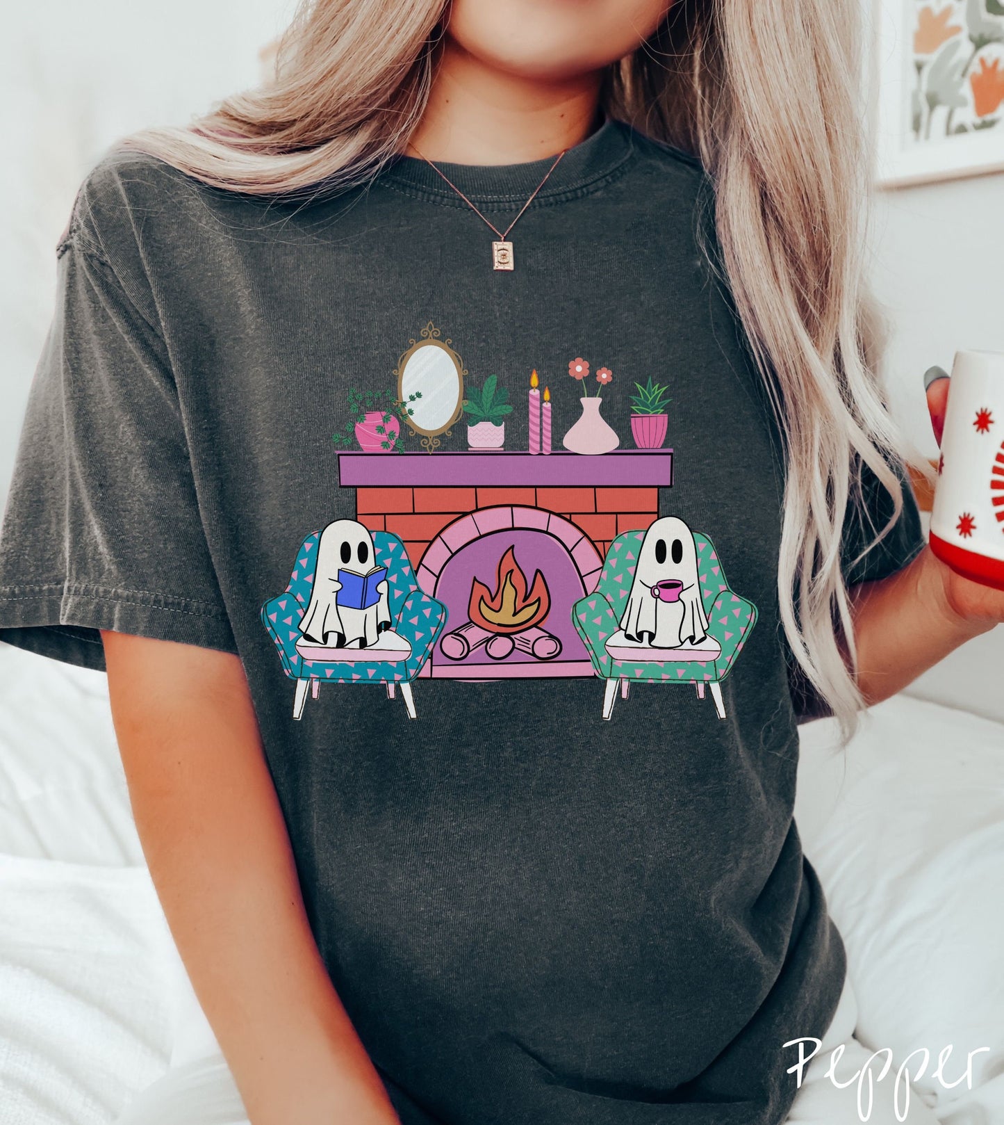 Comfort Colors Shirt, Ghosts Sitting by the Fire, Ghost Drinking Coffee Shirt, Ghost Book Tee, Bookish Spooky Gift, Ghost Halloween Shirt