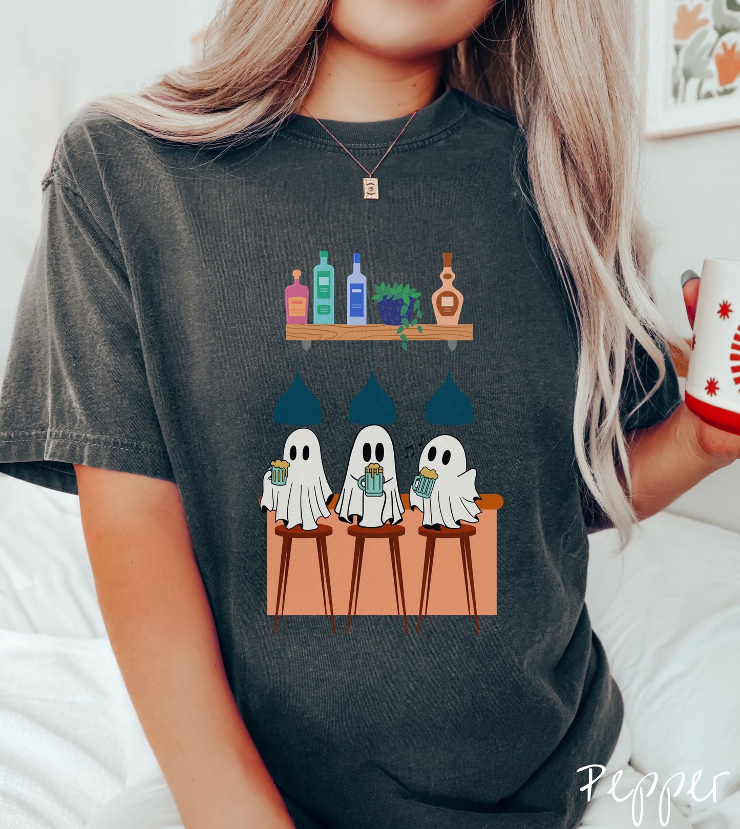A woman wearing a cute pepper colored shirt with 3 jovial ghosts with foaming draft beers in hand sitting under lights on bar stools at a trendy bar.