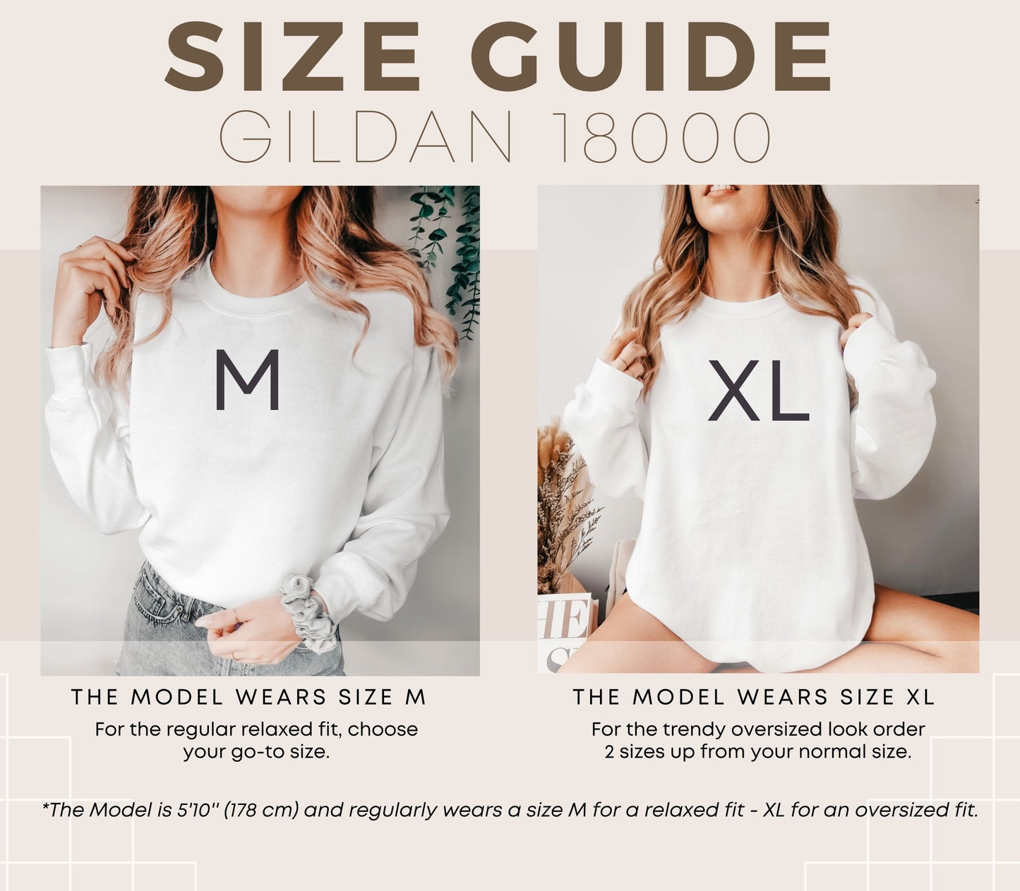 A size guide for comfort colors showing a model wearing different sizes of shirts for consumer reference. The model is 5'6" and regularly wears a size medium for a relaxed fit.