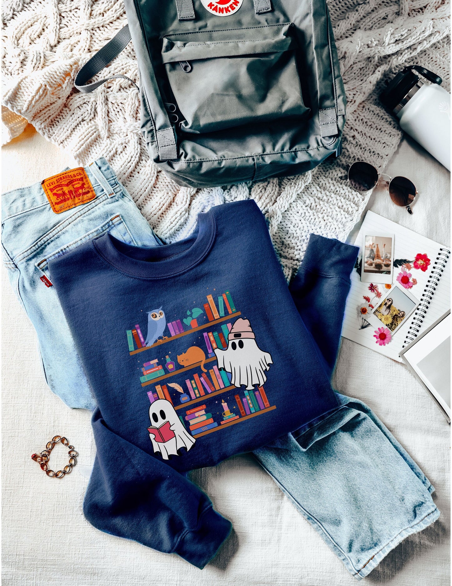 Ghost Books Sweatshirt, Halloween Bookish Shirt, Cozy Ghost Scene, Reading Books Tee, Bookshelf Sweater, Aesthetic Halloween
