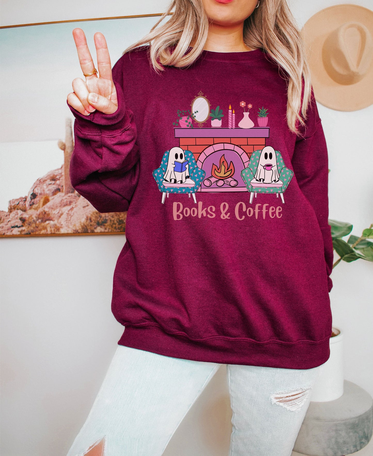 Ghosts Sitting by the Fireplace Sweatshirt, Reading Ghost Tee, Ghost Drinking Coffee Sweater, Cozy Halloween Gift, Autumn T-Shirt