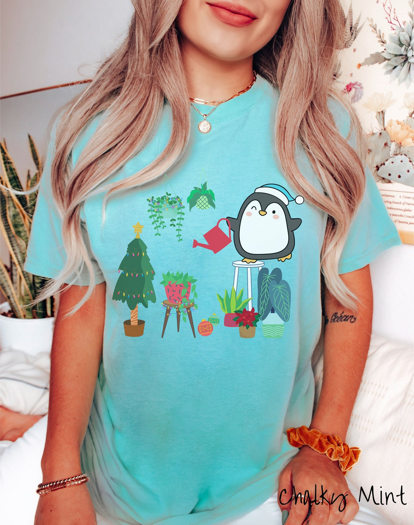 Comfort Colors Shirt, Christmas Penguins Tee, Christmas Plants Shirt, Plant Parent Gift Penguins Tree Shirt, Holiday Plants, Watering Plants