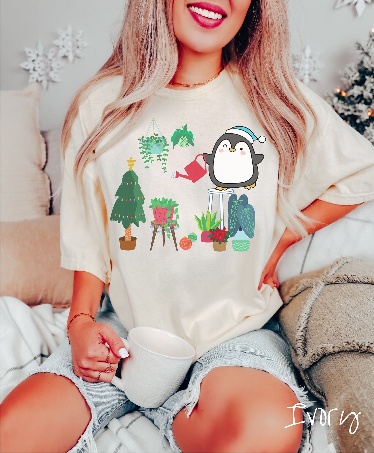 Comfort Colors Shirt, Christmas Penguins Tee, Christmas Plants Shirt, Plant Parent Gift Penguins Tree Shirt, Holiday Plants, Watering Plants