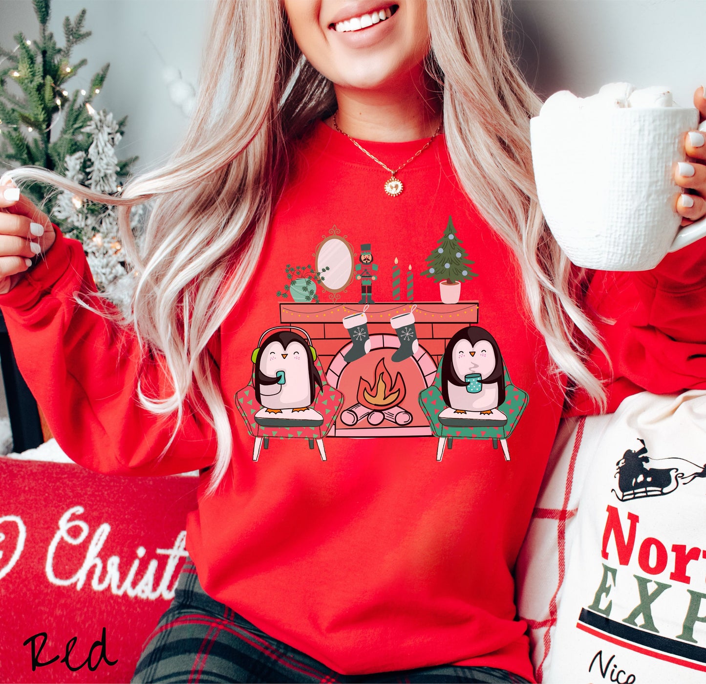 Cozy Christmas Fireplace Penguins, Christmas Penguins Tee, Christmas Coffee, Holiday Stockings, Cute Christmas, Cozy Christmas