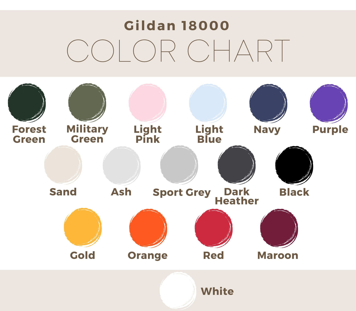 A color guide matching colors with shirt text options including mustard, pepper, bay, seafoam, crunchberry, and crimson.
