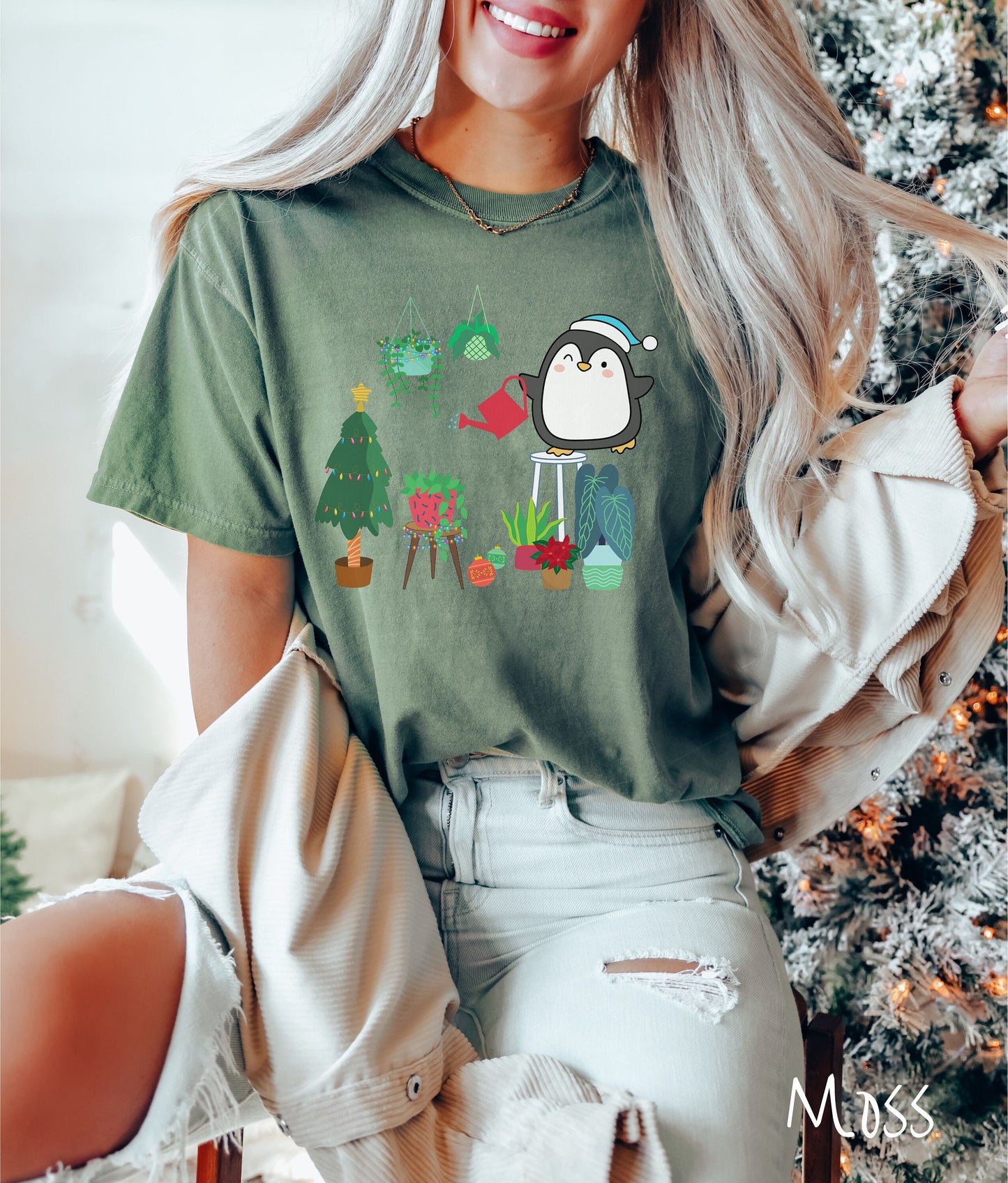 Comfort Colors Shirt, Christmas Penguins Tee, Christmas Plants Shirt, Plant Parent Gift Penguins Tree Shirt, Holiday Plants, Watering Plants