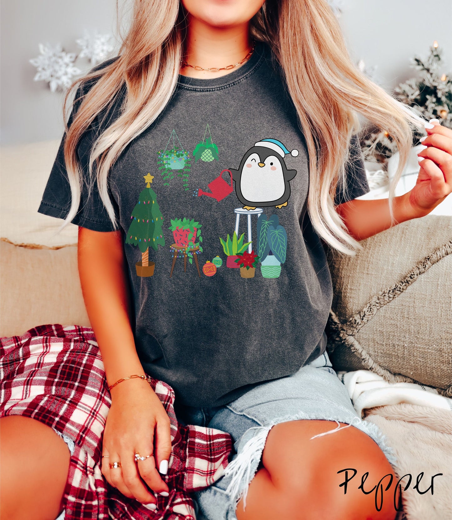 Comfort Colors Shirt, Christmas Penguins Tee, Christmas Plants Shirt, Plant Parent Gift Penguins Tree Shirt, Holiday Plants, Watering Plants