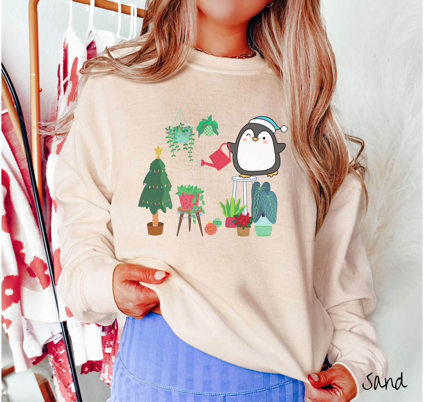 Christmas Penguin Watering Plants Sweatshirt, Christmas Plants Shirt, Plant Parent Gift Penguins Tree Shirt, Holiday Plants, Watering Plants