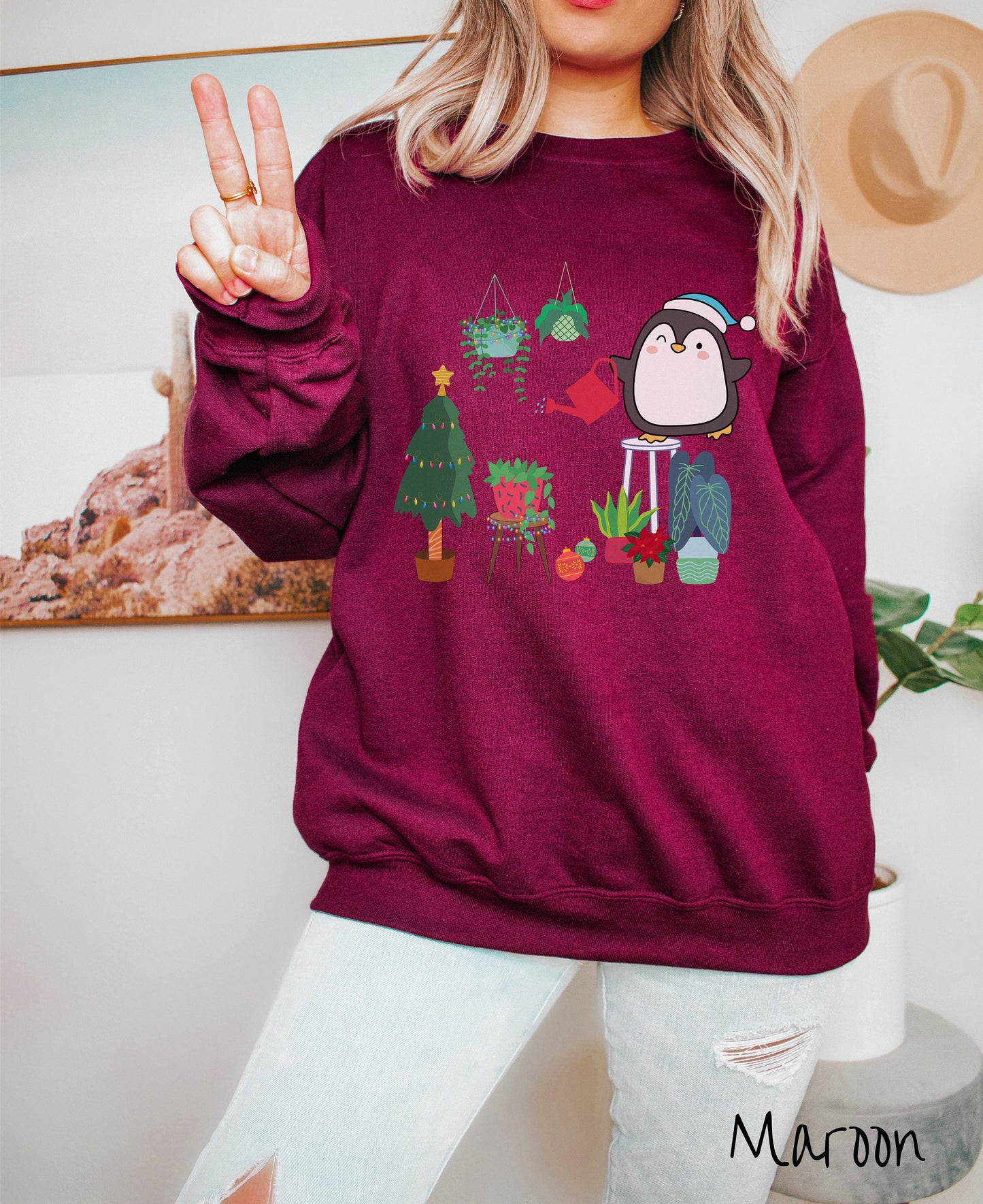 Christmas Penguin Watering Plants Sweatshirt, Christmas Plants Shirt, Plant Parent Gift Penguins Tree Shirt, Holiday Plants, Watering Plants