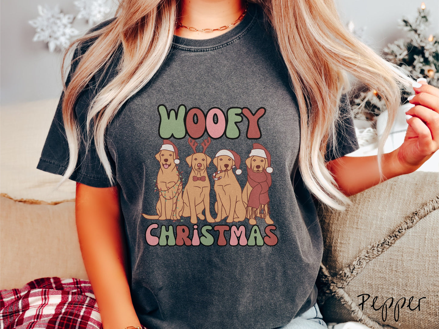 Comfort Colors Shirt, Woofy Christmas Tee, Dog Christmas Shirt, Holiday Tee, Dog Lover Gift, Dogs in Santa Hats, Christmas Puppies