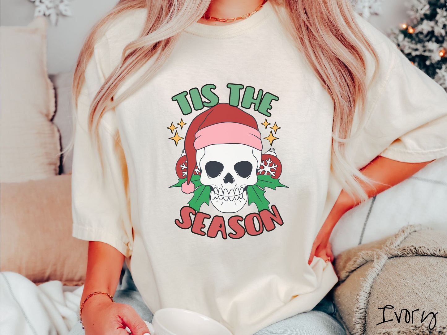 Comfort Colors Shirt, Tis The Season Shirt, Christmas Skeleton, Skeleton Santa Hat, Santa Skull Tee, Retro Christmas Shirt, Spooky and Merry
