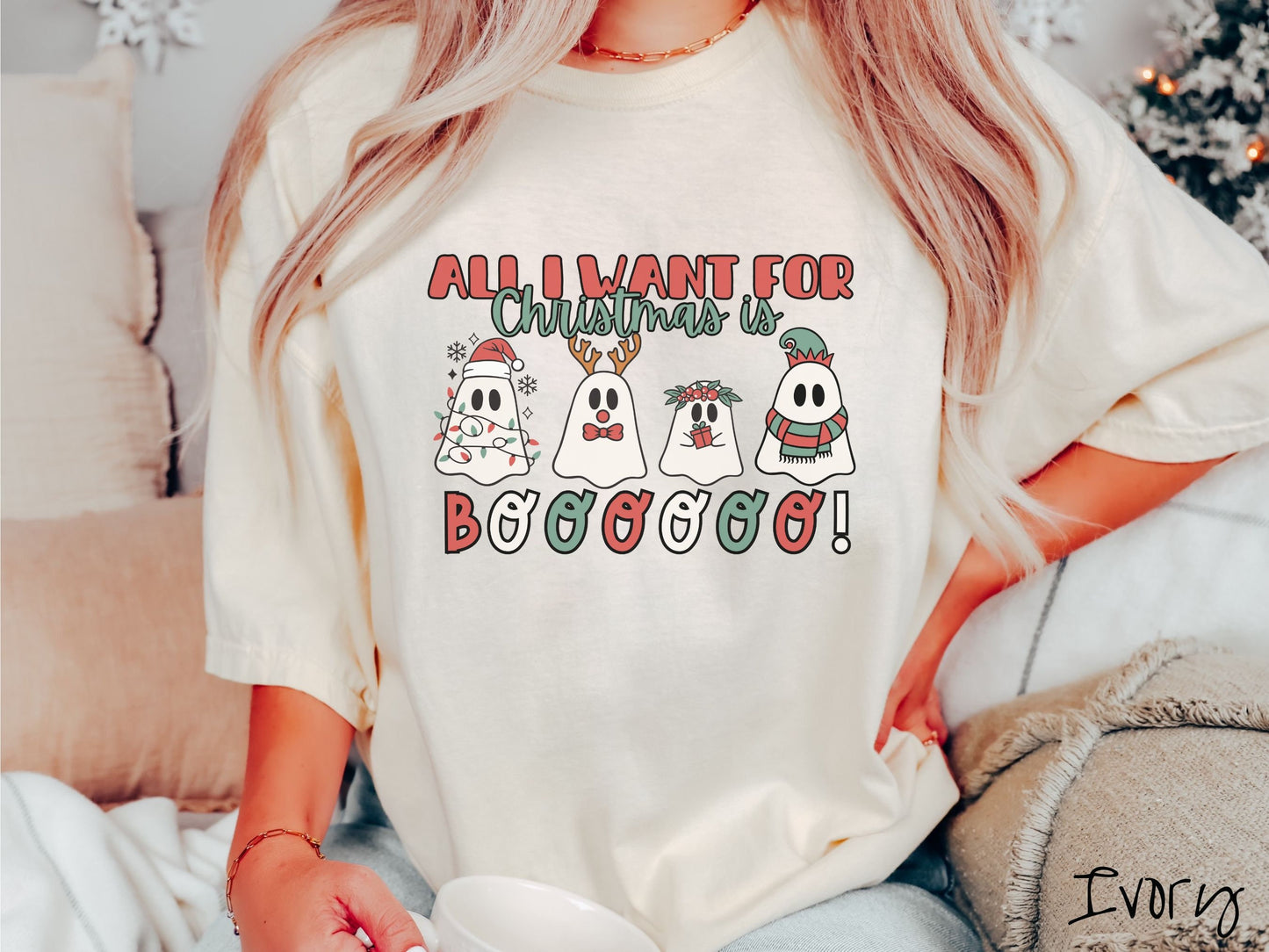 Comfort Colors Shirt, All I Want for Christmas is Boo, Christmas Ghosts, Festive Ghosts, Creepy Holiday Shirt, Spooky and Merry