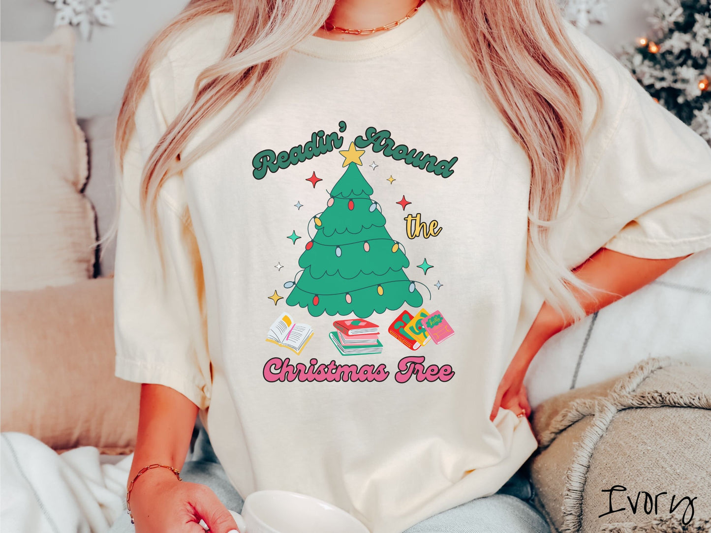 Comfort Colors Shirt, Reading Around the Christmas Tree, Bookish Christmas, Reading Holiday Shirt, Book Lover Gift, Festive Book Shirt