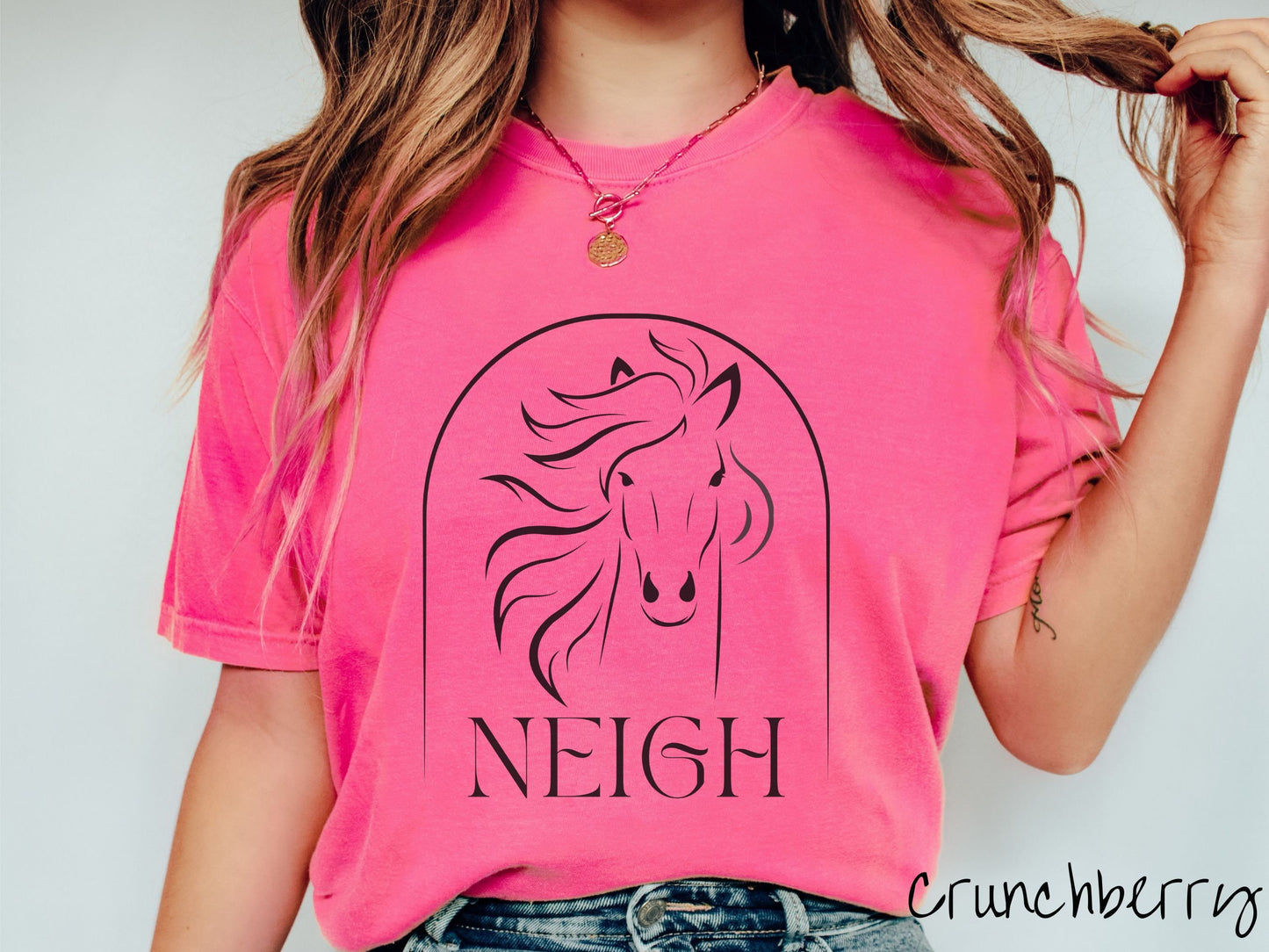 A woman wearing a cute, vintage crunchberry colored Comfort Colors shirt with a black silhouette outline of a horse facing forward, its hair blowing to the side. Below that is the word Neigh in black, cursive font.