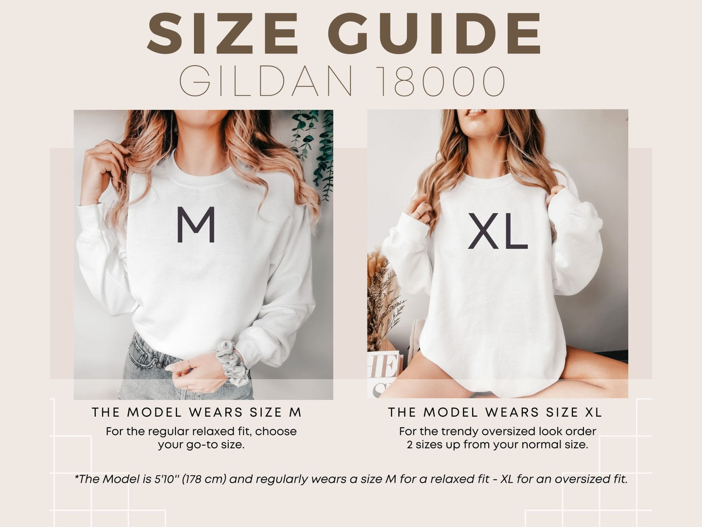 A size guide for comfort colors showing a model wearing different sizes of shirts for consumer reference. The model is 5'6" and regularly wears a size medium for a relaxed fit.