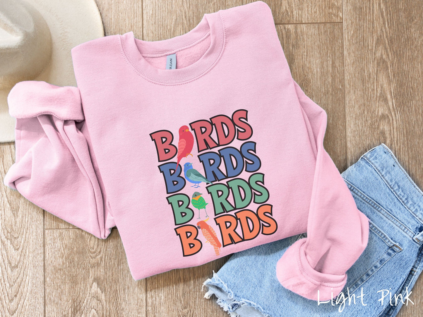A cute, vintage light pink colored comfy sweatshirt with the word BIRDS listed four times vertically in red, blue, green, and orange uppercase font. The Is in BIRDS are different kinds of colorful birds.
