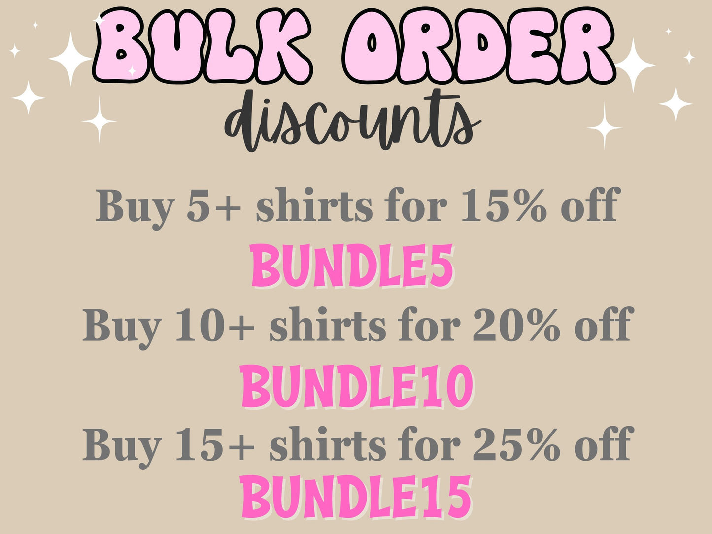 A description of bulk order discounts for these shirts. Buy 5+ shirts for 15 percent off with code BUNDLE5. Buy 10+ shirts for 20 percent off with code BUNDLE10. Buy 15+ shirts for 25 percent off with code BUNDLE15.