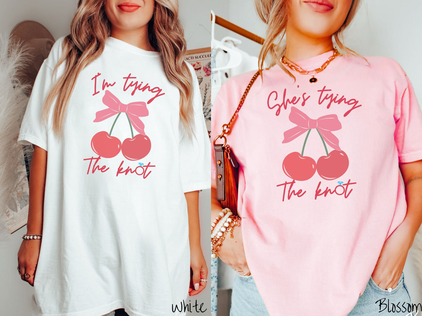 Two women wearing cute, vintage white and blossom colored Comfort Colors t-shirts with text Im tying the knot in red, cursive font. The o in knot is a diamond wedding ring. Between the text are two cherries tied together with a red bow.