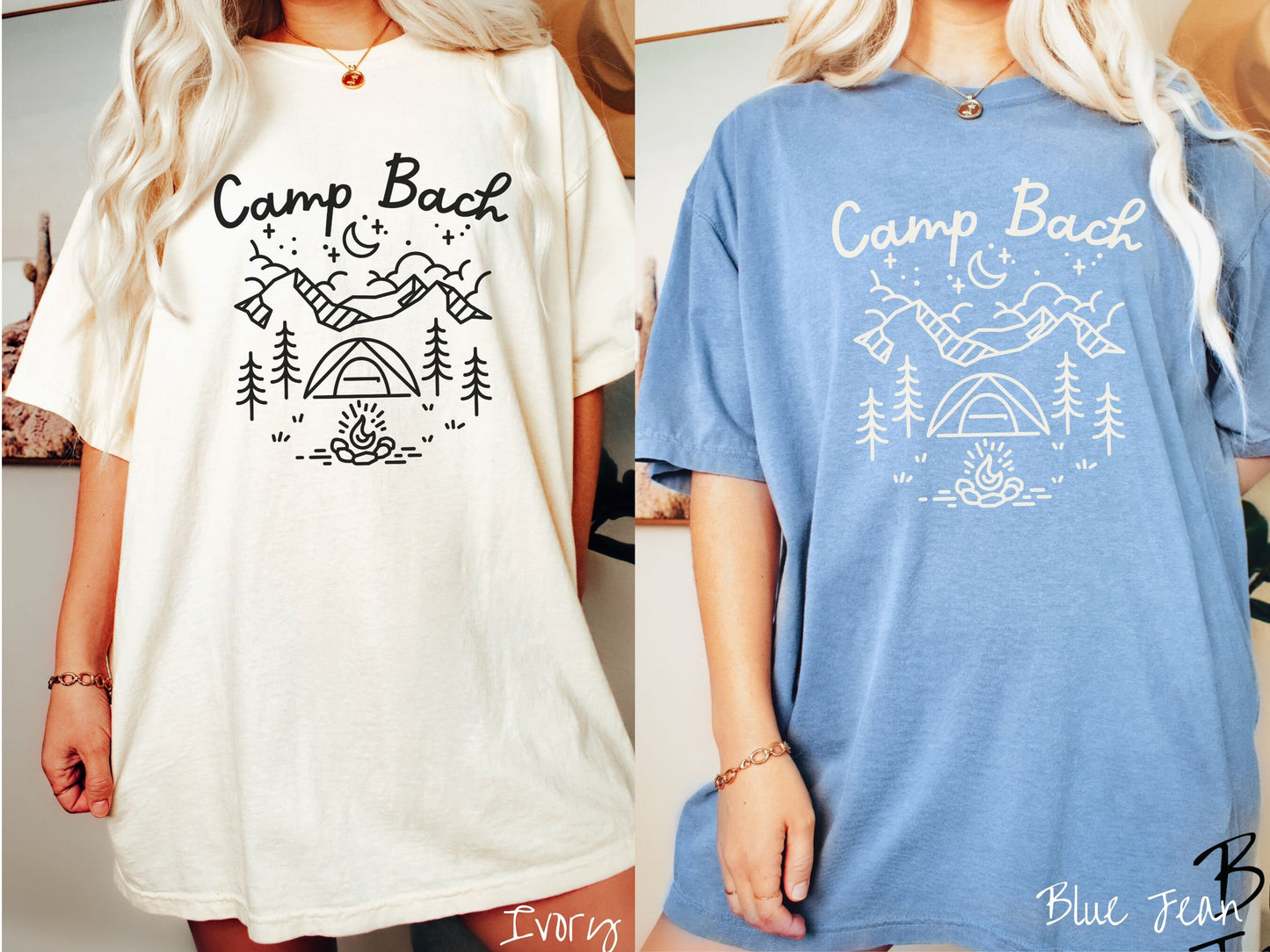 Two women wearing cute, vintage ivory and blue jean colored Comfort Colors t-shirts with text Camp Bach in white, cursive font. Above the text are outlines of mountains, trees, stars, a tent, campfire, and a stream.