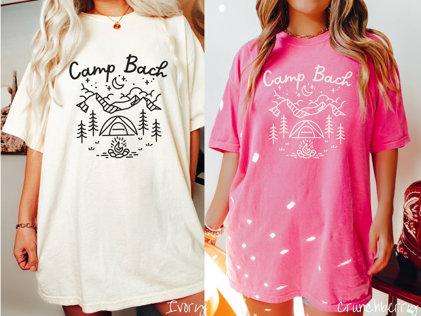 Two women wearing cute, vintage ivory and crunchberry colored Comfort Colors t-shirts with text Camp Bach in white, cursive font. Above the text are outlines of mountains, trees, stars, a tent, campfire, and a stream.