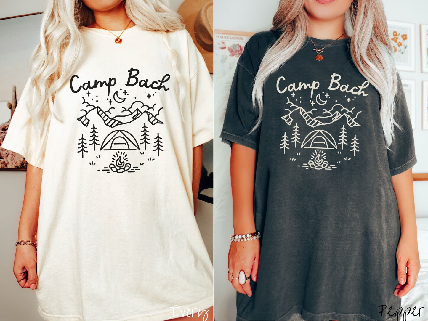 Two women wearing cute, vintage ivory and pepper colored Comfort Colors t-shirts with text Camp Bach in white, cursive font. Above the text are outlines of mountains, trees, stars, a tent, campfire, and a stream.