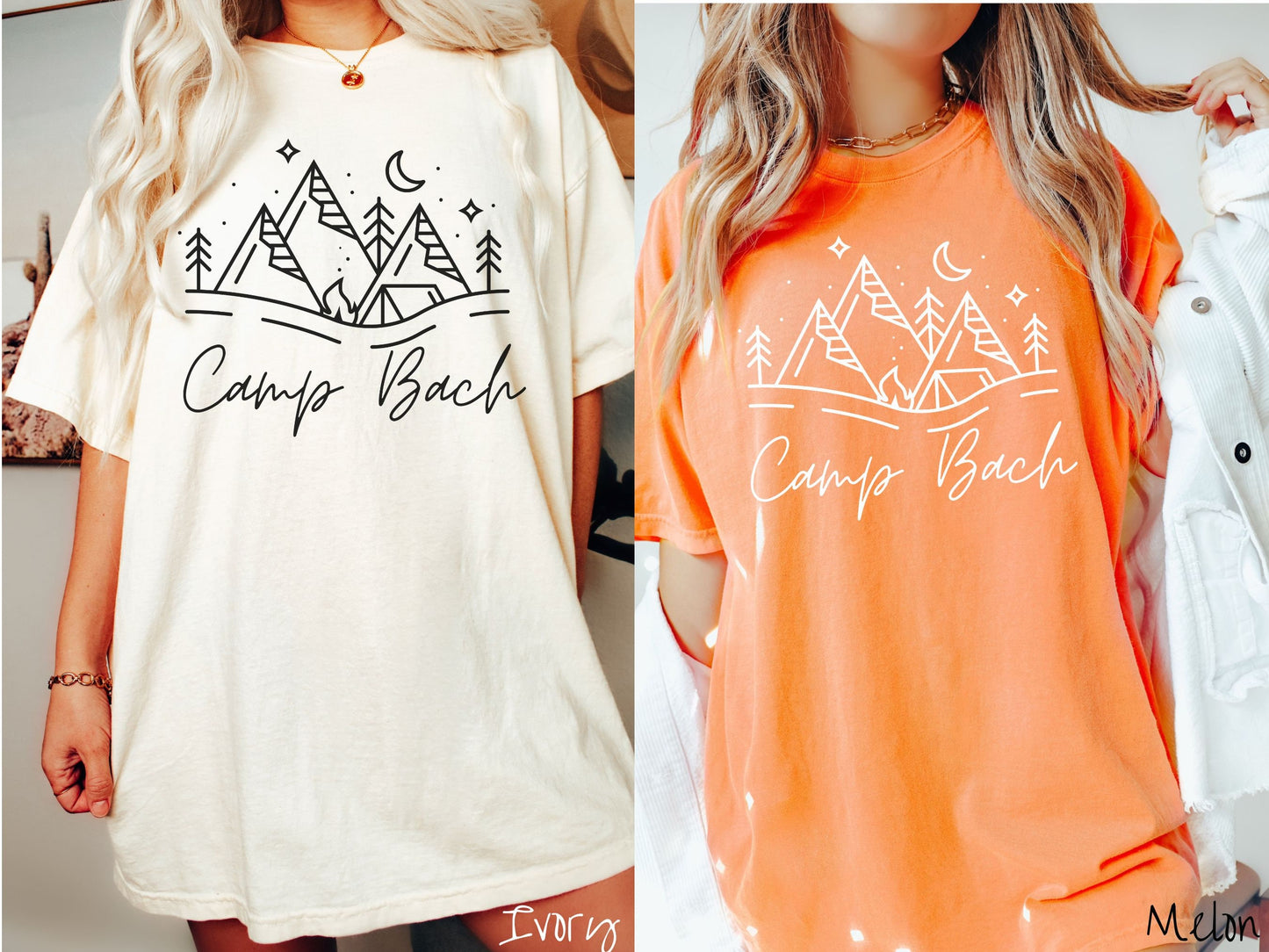 Two women wearing cute, vintage ivory and melon colored Comfort Colors t-shirts with text Camp Bach in white, cursive font. Above the text are outlines of mountains, trees, stars, a tent, campfire, and a stream.